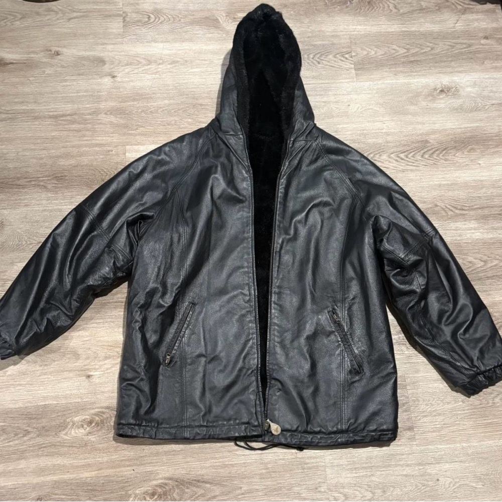 Vintage J. Elkins by Alamo Uomo Black Leather & Fur Liner Reversible Jacket 2XL